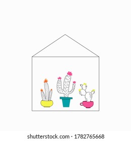 Modern vector illustration with cute cactus set isolated on white background. Line art, stylish botanical vector. Design elements collection
