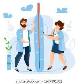Moderna ilustración vectorial de doctores lindos con termómetro. Tratamiento de Medicamentos y Atención de Salud. Concepto de personas de salud. Página de inicio de clínica o sitio web. 