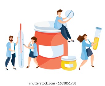 Moderna ilustración vectorial de doctores lindos con termómetro, píldoras, medicamentos, tubo, vacuna contra la gripe. Tratamiento de Medicamentos y Atención de Salud. Concepto de personas de salud. El médico le prescribirá una receta.