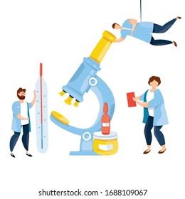 Modern vector illustration of cute doctors with thermometer, pills, drugs, tube, flu vaccine. Medicament Treatment and Health Care. Healthcare concept. Microscope. Epidemic. Pandemia. Viruses.