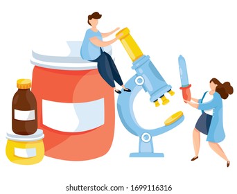 Modern vector illustration of cute doctors with thermometer, pills, drugs, tube, flu vaccine. Medicament Treatment and Health Care. Healthcare concept. Microscope. Epidemic. Pandemia. Viruses.