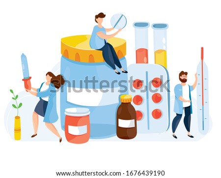 Modern vector illustration of cute doctors with pills, blister. Blood and vaccine tubes. Medical personal with thermometer and dropper Medicament Treatment and Health Care. Healthcare persons concept.