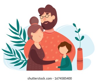 Modern vector illustration of cute happy family. Parents  and children in love. Dad hugs mom and kid. Family day.  Isolated on white background. Parenthood