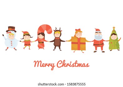 Modern vector illustration of cute kids wearing Christmas costumes. New Year celebrating. Set of Children in clothes of Gift, Christmas tree, Elf, Santa Claus, Deer, Lollipop and Snowman.