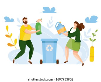 Modern vector illustration of cute people putting rubbish in trash bin. People sorting each type of garbage into the trash. Environmental protection. Ecology concept. Waste separation. Recycle thrash.