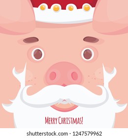 Modern vector illustration of cute pig. Christmas card poster banner. Xmas greeting template design with Happy New Year. Symbol of 2019