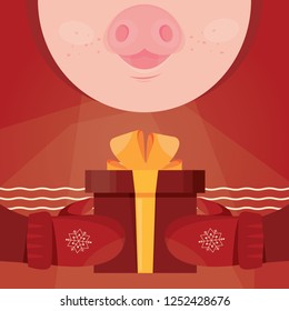 Modern vector illustration of cute pig. Сard poster banner. Christmas greeting template design. Symbol of 2019