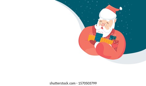 Modern vector illustration of cute Santa Claus with Christmas gift and empty big signboard. Merry Christmas and Happy New Year Holiday greeting card for postcard banner and web.