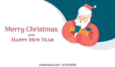 Modern vector illustration of cute Santa Claus with Christmas gift and big signboard. Merry Christmas and Happy New Year Holiday greeting card for postcard banner and web.