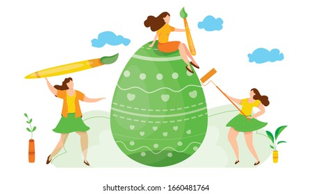 Modern vector illustration of cute tiny people with brushes and paint  decorate easter eggs. Men and women dance and celebrate Easter. Happy holidays. Teamwork concept for postcard, web site