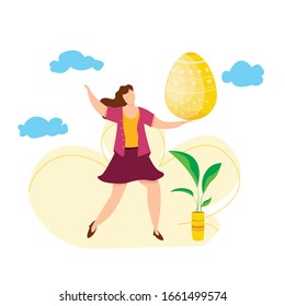 Modern vector illustration of cute tiny woman dance and celebrate with Easter eggs. Happy april holidays. Concept for postcard, web site.