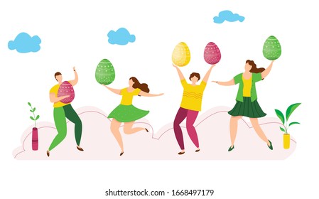 Modern vector illustration of cute tiny people dance and celebrate with Easter eggs. Happy april holidays. Concept for postcard, web site.