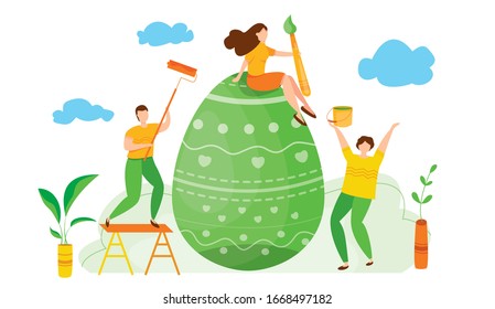 Modern vector illustration of cute tiny people with brushes and paint  decorate easter eggs. Men and women dance and celebrate Easter. Happy holidays. Teamwork concept for postcard, web site