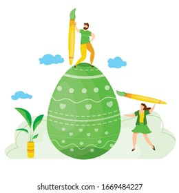 Modern vector illustration of cute tiny people with brushes and paint  decorate easter eggs. Men and women dance and celebrate Easter. Happy holidays. Teamwork concept for postcard, web site