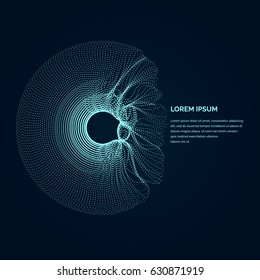 Ilustración vectorial moderna con forma de círculo deformado de las partículas de color azul sobre un fondo oscuro. Como una plantilla para su diseño