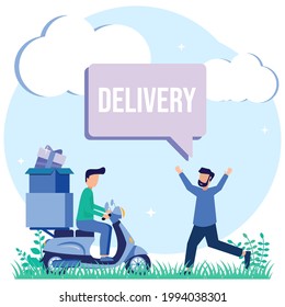 Modern vector illustration of a delivery service. Package delivery online. National and global logistics distribution. Package and delivery of delivery orders to customer locations quickly on time.