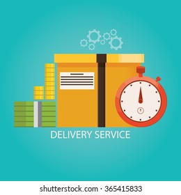 Modern vector illustration of delivery service, box with stopwatch and cash