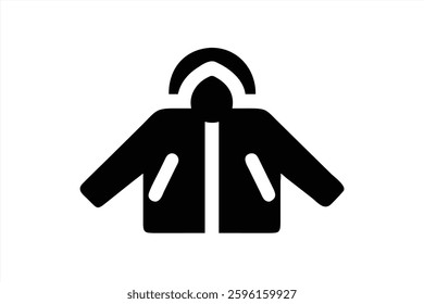 A modern vector illustration depicting a black hoodie jacket on a white background. The design features a hood, front pockets, and a minimalistic style that emphasizes fashion.