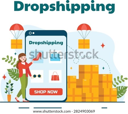 Modern vector illustration depicting a businessman managing a dropshipping business through an online ecommerce store. The concept represents digital retail, online shopping, product sourcing, order fulfillment, entrepreneurship, marketplace selling, and ecommerce management. Ideal for ecommerce websites, online business platforms, startup presentations, digital marketing materials, blogs, landing pages, educational content, and business branding. Fully editable EPS vector format for professional print and digital use.