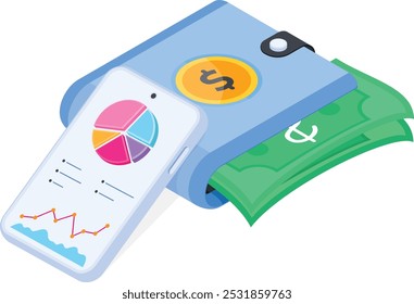 Una Ilustración vectorial moderna que representa una billetera digital con análisis de datos financieros que se muestra en la pantalla de un teléfono inteligente. El diseño presenta una billetera que contiene dinero en efectivo y un dispositivo que muestra gráficos circulares.