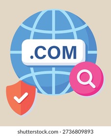Modern vector illustration depicting domain name registration and internet services concept. The design features a prominent blue globe with latitude and longitude grid lines symbolizing global connectivity and worldwide web infrastructure. At the center, a white rectangular label displays ".COM" in bold navy blue letters, representing the most popular top-level extension for commercial websites and online businesses.
A pink circular magnifying glass icon overlays the globe, symbolizing search functionality, website discovery, and SEO research tools. In the lower right corner, an orange-red security shield with a white checkmark indicates verified protection, SSL certificate validation, security measures, and trusted online presence.
The composition includes decorative elements such as colorful sparkle stars in yellow, blue, green, pink, and purple tones scattered around the globe, creating a dynamic and engaging atmosphere. A yellow gear icon appears in the bottom left, representing technical configuration, website settings, and management tools. A green browser window or interface element is visible in the upper right corner, suggesting web browsing and online platform integration.
This illustration is perfect for website hosting companies, registrars, web development agencies, digital marketing materials, internet service providers, cybersecurity presentations, online business platforms, and tech startup branding. The clean, flat design style with smooth gradients and modern color palette makes it ideal for contemporary digital applications, user interface designs, landing pages, mobile apps, and promotional materials related to web services, website launch projects, and internet infrastructure.
The vector format ensures scalability for various applications from small icons to large banners, maintaining crisp quality across all sizes. Suitable for both print and digital media including websites, presentations, infographics, social media posts, and mark