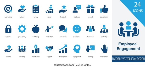 A modern vector illustration depicting employee engagement in the workplace. It highlights motivated employees, teamwork, collaboration, performance appreciation, and a positive work culture. 

