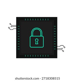 Eine moderne Vektorgrafik, die ein leuchtend grünes Vorhängeschloss-Symbol darstellt, das sich zentral auf einem schwarzen Mikrochip oder einer Leiterplatte befindet. Diese Grafik symbolisiert die digitale Sicherheit, den Datenschutz und fortschrittliche Cybersicherheitsmaßnahmen für Computersysteme und Netzwerke. Perfekt für Konzepte in Bezug auf Privatsphäre, Internet-Sicherheit, verschlüsselte Daten und technologische Sicherheitsvorkehrungen. Das schlanke Design mit Schaltungsleitungen unterstreicht den robusten elektronischen Schutz.