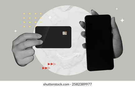 A modern vector illustration depicting hands presenting a credit card and smartphone, representing digital payments and technology, designed in a sleek collage style.