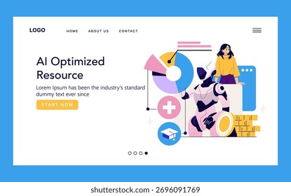 Modern vector illustration depicting a robot and human collaborating with data visualizations concepts on a website landing page. Scene portrays AI, teamwork, and technology synergy.