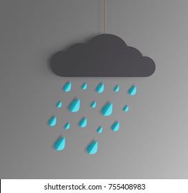 Modern vector illustration depicts a rainy day. A paper cloud hangs on thread and ostensibly falling  paper raindrops from it.