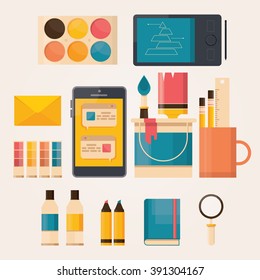 Modern vector illustration of  design illustration concepts for web design development. Set of graphic designer items and tools