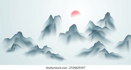 Design moderno de ilustração vetorial retratando belas pinturas de paisagem de tinta chinesa.