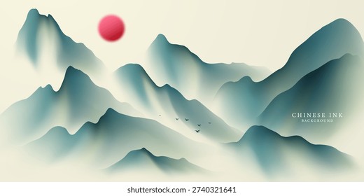Modern vector illustration design depicting beautiful Chinese ink landscape paintings.
