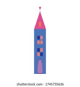 Modern vector illustration. Modern design. Summer landscape vector illustration. Building, building symbol. Blue tower on white background.