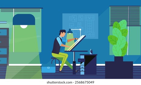 A modern vector illustration of a designer working at a drafting table in a creative studio setting. The scene features vibrant colors, a green lamp, blue background, and indoor plants.