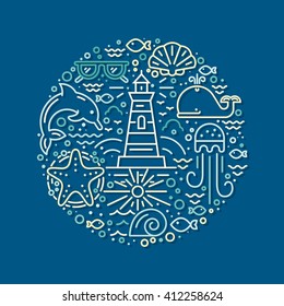 Modern vector illustration with different summer vacation items and objects including sunglasses, starfish, waves. Tropical vacation design element for posters, banners, advertising 