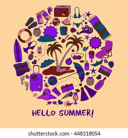 Modern vector illustration with different summer vacation items and objects . Tropical vacation design element for posters, banners, advertising