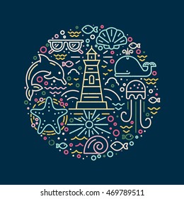 Modern vector illustration with different summer vacation items and objects including sunglasses, starfish, waves. Tropical vacation design element for posters, banners, advertisings