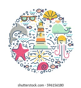 Modern vector illustration with different summer vacation items and objects including sunglasses, starfish, waves. 