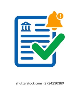 Ilustración vectorial moderna de la Aprobación bancaria digital con un documento financiero con una Grande marca de verificación verde y una campana de notificación para el Estado exitoso de un préstamo o una solicitud de crédito