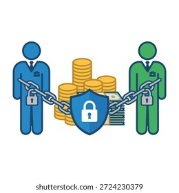 Moderna Ilustración vectorial de un servicio de depósito digital con dos figuras de negocios conectadas por una cadena de seguridad y un escudo cerrado que protege el efectivo y las monedas de oro para transacciones de pago seguras