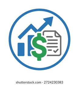 ilustração vetorial moderna de uma visão geral de finanças digitais com um símbolo de crescimento crescente em dólares e documento financeiro verificado dentro de um círculo azul para análise e emissão de relatórios de dados empresariais