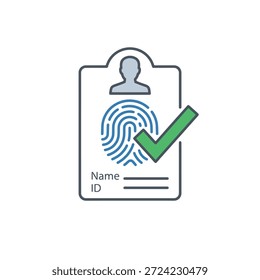 Ilustración vectorial moderna de una tarjeta de verificación de identidad digital con un escaneo biométrico de huellas dactilares y una marca de verificación verde para la autenticación segura del usuario y la protección de los datos personales