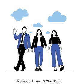 Modern vector illustration of a diverse business team walking forward, with one person waving. Depicts concepts of collaboration, community, and professional progress.