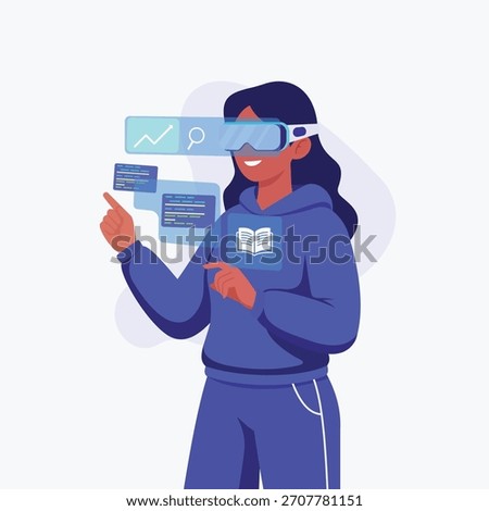Modern Vector Illustration of a Diverse Student Engaged in Immersive Online Learning with Augmented Reality, Symbolizing Accessible and Future-Forward Education and Digital Skill Development