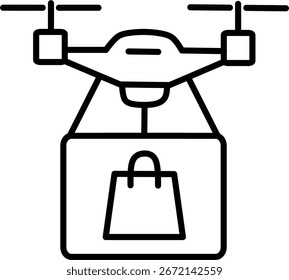 Ilustración vectorial moderna de un dron que lleva un paquete de compras. Ideal para iconos de tiendas en línea, logística de comercio electrónico, entrega minorista futurista y conceptos de envío expreso.