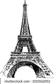 Modern vector illustration of Eiffel Tower. Black and white vector illustration. Romantic symbol in France. Paris sketched image. Sightseeing concept. Eiffel Tower landmark.
