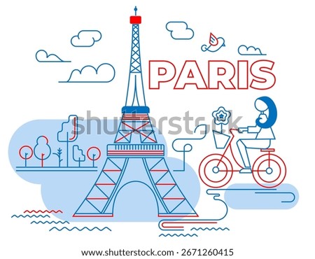 Modern vector illustration of the Eiffel Tower with a cycling woman, trees, clouds, and the word 