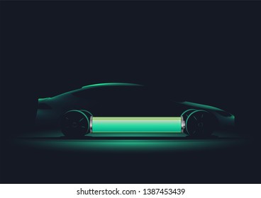 Modern vector illustration of the electro car silhouette with battery charged. Vector illustration.