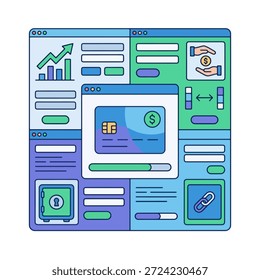 Ilustración vectorial moderna de una interfaz financiera integrada que muestra los pagos con tarjeta de crédito bancaria digital integrada y las tablas de crecimiento dentro de una plataforma de negocios perfecta para soluciones inteligentes de tecnología financiera